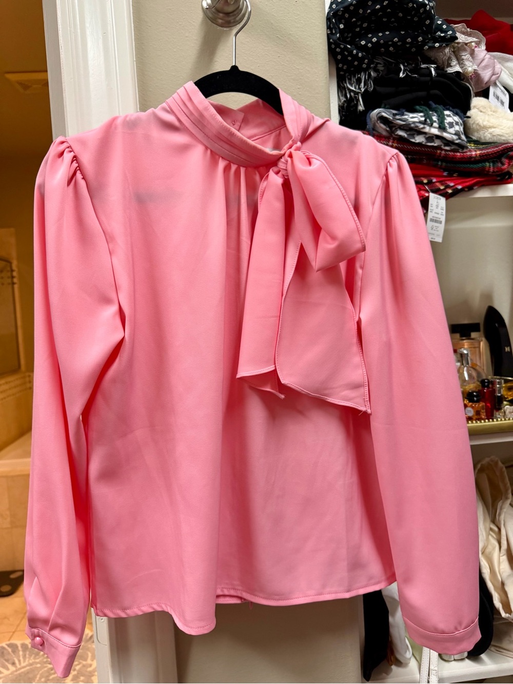 Chicwish Pink Tie-Neck Long Sleeve Blouse